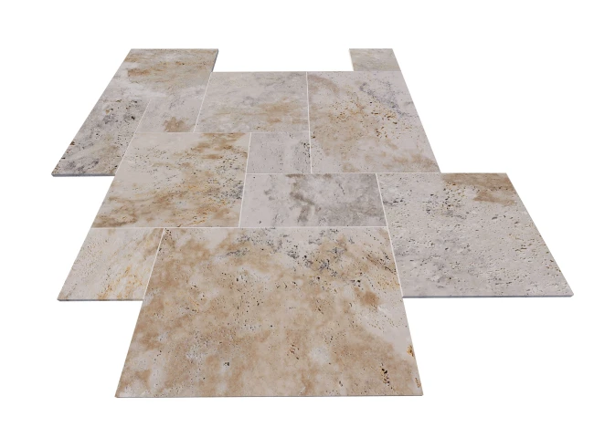 Przejdź do produktu Trawertyn Light Bębnowany French Pattern 12mm 1kpl= 0,742m2